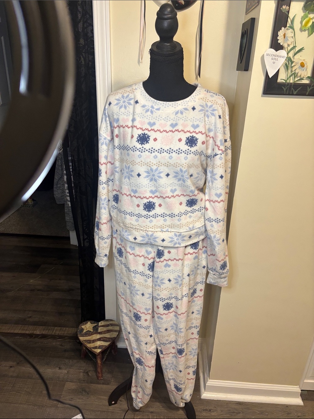 Pink Rose Women's Snowflake Pajama Set - White, Light Blue & Pink